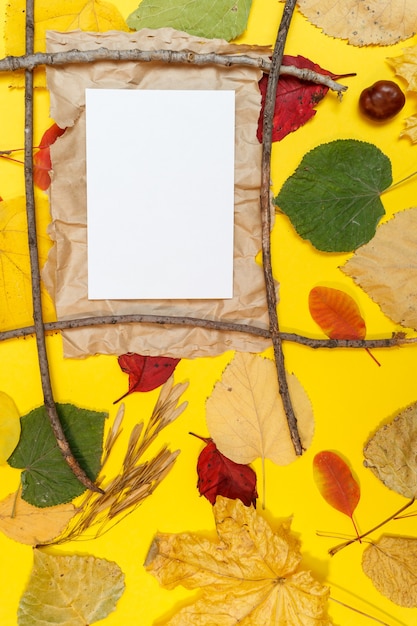 Maquete de outono com folhas amarelas e vermelhas. Cones de abeto e uma folha de papel branca para a inscrição.