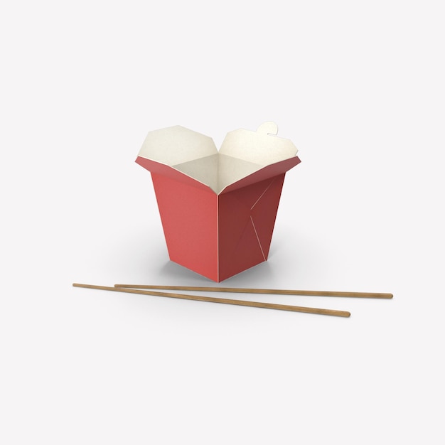Maquete de pacote de caixa wok e pauzinho Papel isolado Caixa de comida chinesa para viagem vegetariana e wok frito