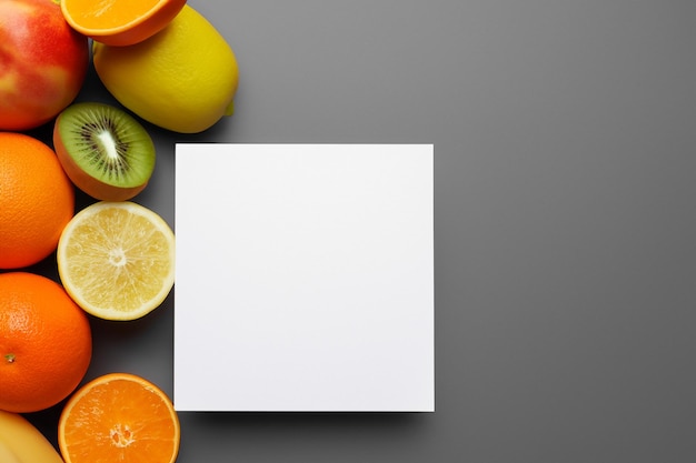Maquete de papel branco aprimorada com frutas frescas, criando um banquete visual de design saudável e vibrante