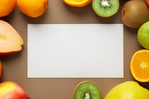 Foto maquete de papel branco aprimorada com frutas frescas, criando um banquete visual de design saudável e vibrante