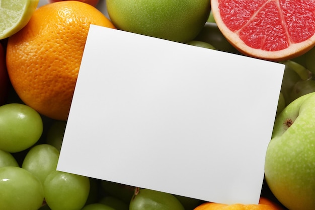 Maquete de papel branco aprimorada com frutas frescas, criando um banquete visual de design saudável e vibrante