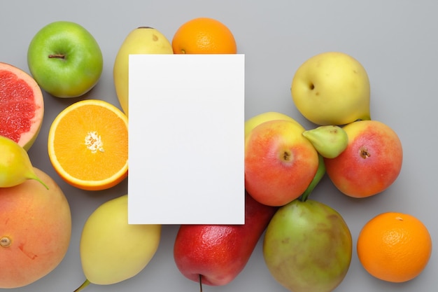 Foto maquete de papel branco aprimorada com frutas frescas, criando um banquete visual de design saudável e vibrante