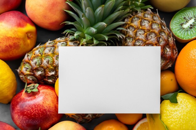 Foto maquete de papel branco aprimorada com frutas frescas, criando um banquete visual de design saudável e vibrante