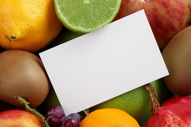 Maquete de papel branco aprimorada com frutas frescas, criando um banquete visual de design saudável e vibrante