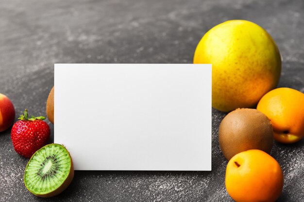 Maquete de papel branco aprimorada com frutas frescas, criando um banquete visual de design saudável e vibrante