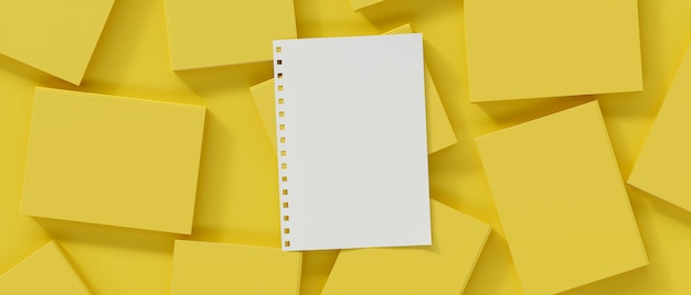 Maquete de papel branco em branco sobre papel de fundo abstrato amarelo nota monocromática cor renderização em 3d