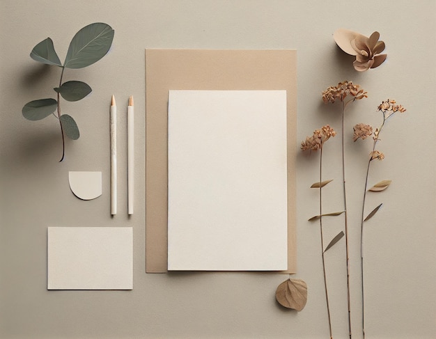 Maquete de papel Flatlay na mesa Design moderno e minimalista criado com IA generativa