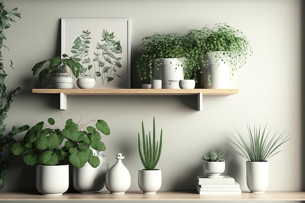 Maquete de parede branca de estilo nórdico com plantas verdes em vasos em prateleiras de madeira e estelage