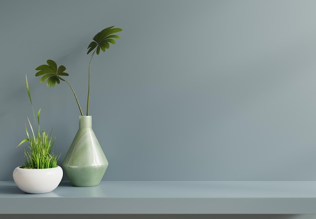 Maquete de parede com vaso e planta verde, parede azul e renderização em 3D