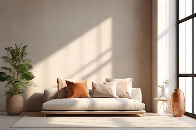 Maquete de parede de concreto em branco vazia no interior vivo com móveis boho modernos e sofá bege do século grande janela decoração de interiores em estilo escandinavo IA gerada