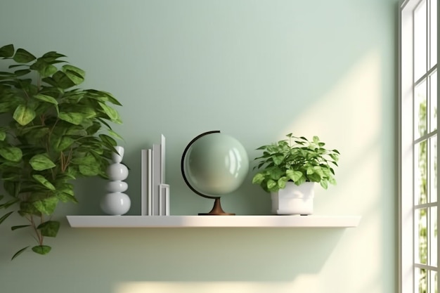 Maquete de parede interior com parede e prateleira verdes de planta verde