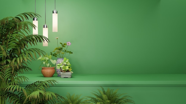 Maquete de parede verde com planta verde e renderização em 3d de prateleira