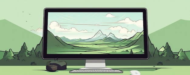 Maquete de PC com ilustração em cores pastéis fáceis panorama local de trabalho Generative Ai