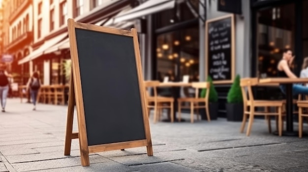 Maquete de placa de quadro-negro vazio em frente a um menu de restaurante com um café de rua ou restaurante Generative Ai Technology