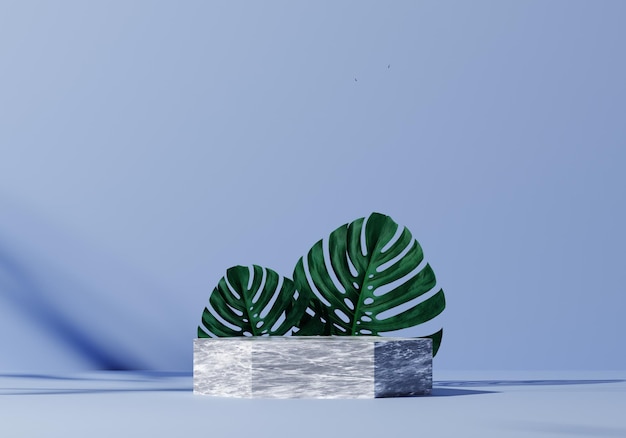 maquete de pódio de pedestal de mármore branco, pano de fundo de parede azul com folha natural, planta, plataforma de produtos