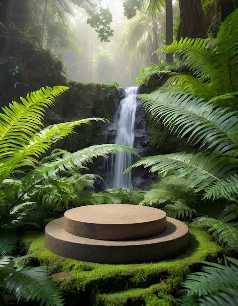 maquete de pódio no verde da floresta tropical com samambaia e cachoeira