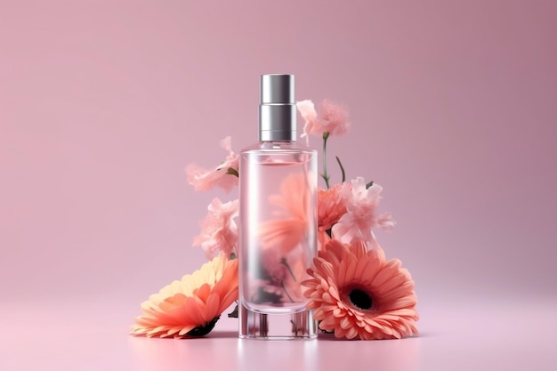 maquete de produto em garrafa transparente com flores e configuração de exibição de produto como bandeira larga