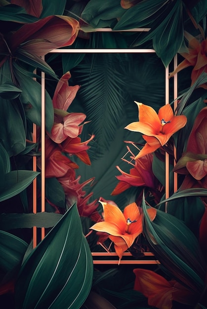 Maquete de quadro com folhagem de folhas tropicais e cenário de arranjo de flores natureza com copyspace em fundo esmeralda Generative ai