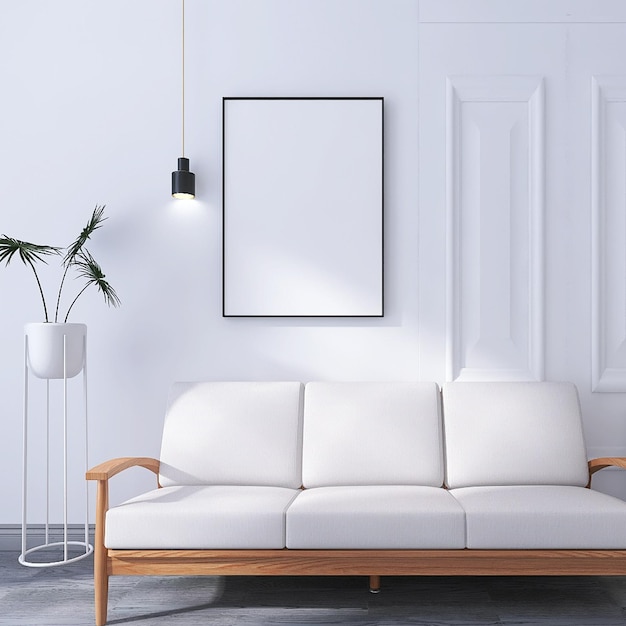 Maquete de quadro de pôster em branco em design de interiores de sala de estar mínima com fundo branco de sofá