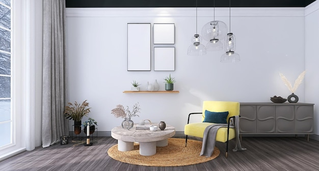 Maquete de quadro de pôster em branco na cena de design de interiores de sala de estar mínima