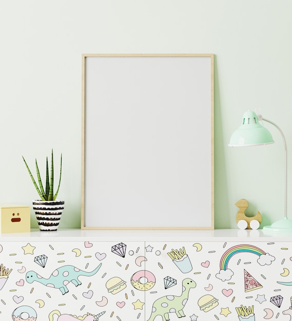 Maquete de quadro de pôster em pé de cômoda de quarto infantil com impressão de crianças engraçadas, com parede verde clara no fundo, renderização em 3d