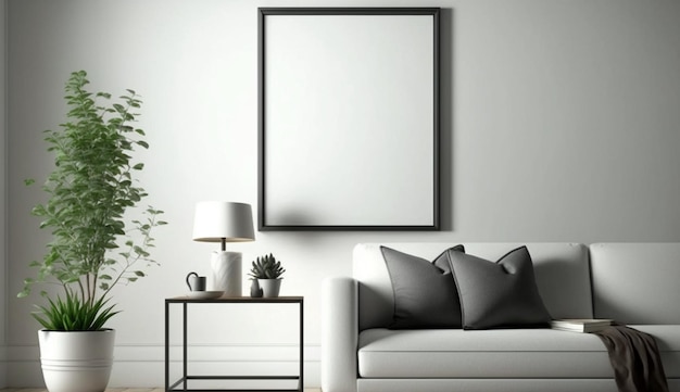 Maquete de quadro de pôster na moderna sala de estar mobiliada fundo interior de casa Generative Ai