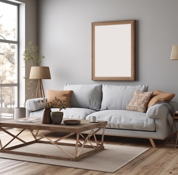 Maquete de quadro dentro de uma sala de estar de fazenda escandinava com renderização em 3D