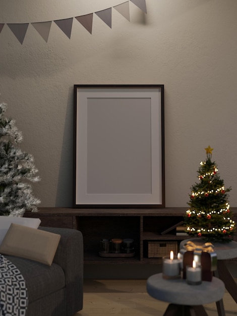 Maquete de quadro em branco no armário na sala de estar moderna e aconchegante no dia de Natal