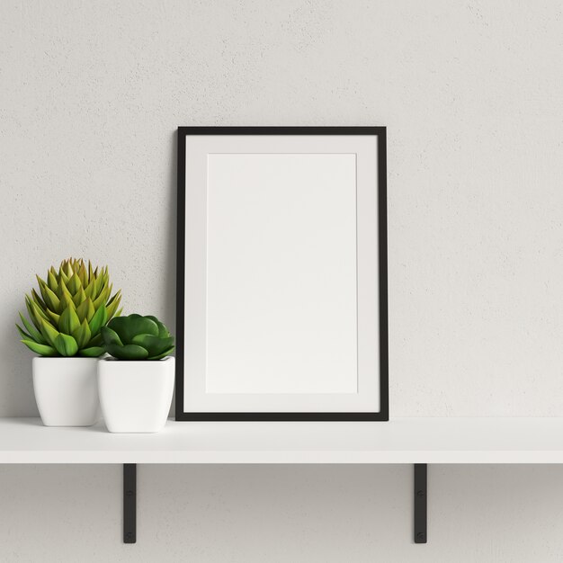 Maquete de quadro na prateleira branca com decoração de planta minimalista