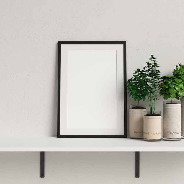 Maquete de quadro na prateleira branca com decoração de planta minimalista