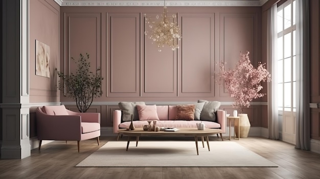 Maquete de quadro na sala interior de casa em cores neutras com sofá Generative Ai
