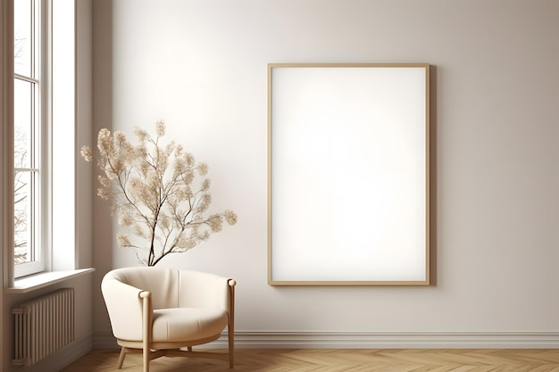 Maquete de quadro no interior do quarto bege minimalista contemporâneo renderização 3d