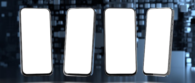 Maquete de quatro smartphones em uma tela de telefone branco de fundo tecnológico para sua renderização de design
