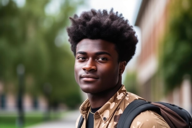 Maquete de retrato premium e estudante negro em um campus universitário com afro criado com IA generativa