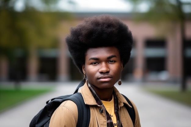 Maquete de retrato premium e estudante negro em um campus universitário com afro criado com IA generativa