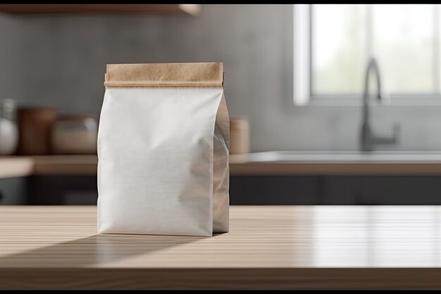 Maquete de saco de café de papel em branco na mesa de madeira