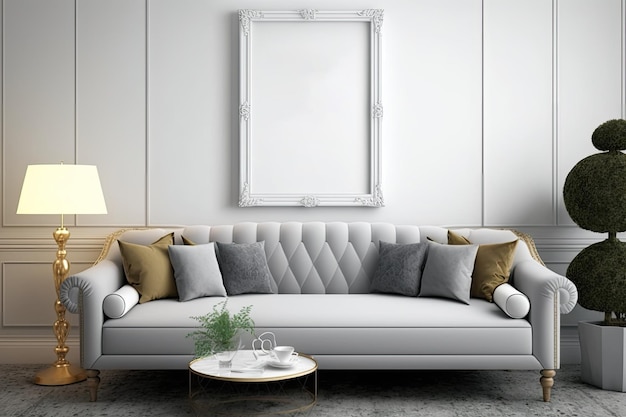 Maquete de sala de estar com porta-retrato quarto agradável com sofá suntuoso e móveis maravilhosos