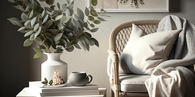 Maquete de sala de estar ou configuração com cadeira macia bege com almofada e manta branca