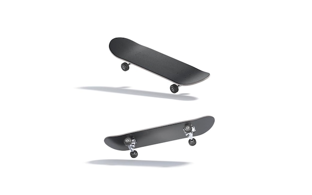 Foto maquete de skate de madeira preta. deck de skatista para simulação de salto inseguro. longboard para patinar.