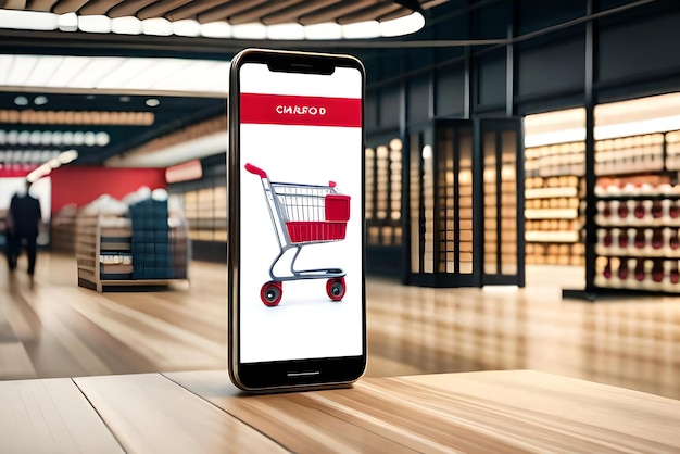 maquete de smartphone com carrinho de compras de supermercado e caixas em renderização 3d realista