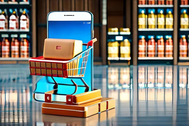 maquete de smartphone com carrinho de compras de supermercado e caixas em renderização 3d realista