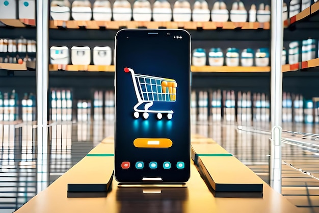 maquete de smartphone com carrinho de compras de supermercado e caixas em renderização 3d realista