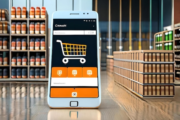 maquete de smartphone com carrinho de compras de supermercado e caixas em renderização 3d realista