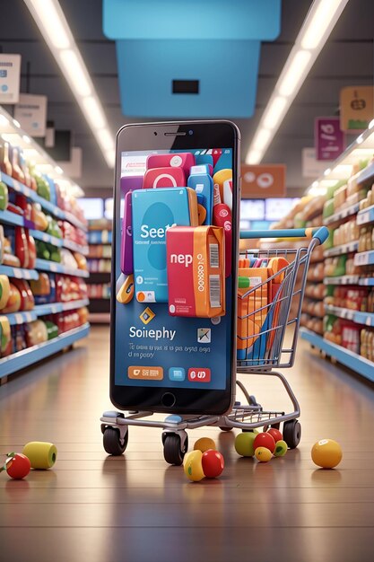 Maquete de smartphone com carrinho de compras de supermercado e caixas em renderização 3D realista