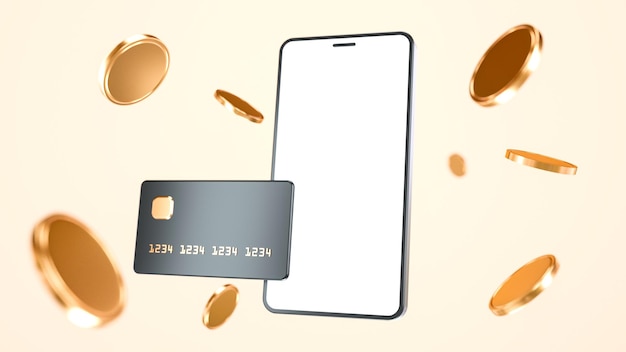 Maquete de smartphone com cartão de crédito, compras online, reembolso da compra - ilustração 3D