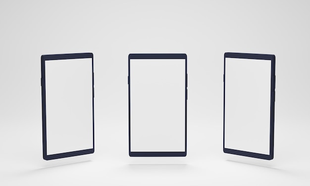 Maquete de smartphone com diferentes perspectivas de telas móveis com exibição em branco no fundo branco renderização 3D
