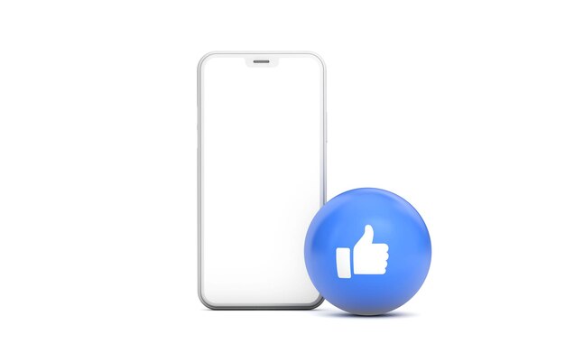 Maquete de smartphone com tela branca em branco e polegares de mídia social para cima 3D Render