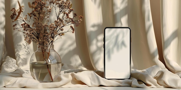 maquete de smartphone com tela branca em branco em fundo bege