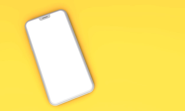 Maquete de smartphone com tela branca em branco em um fundo amarelo 3D Render