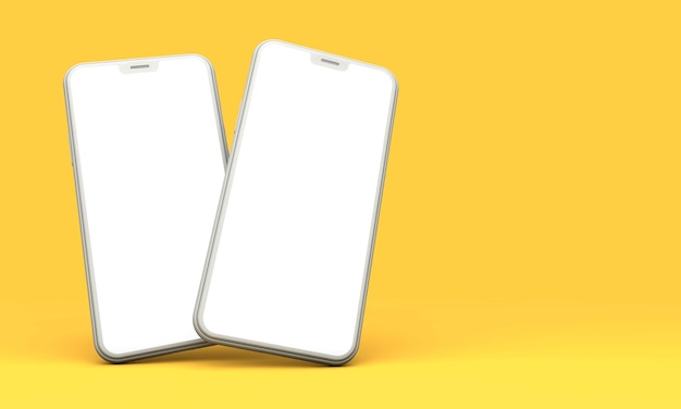 Maquete de smartphone com tela branca em branco em um fundo amarelo 3D Render